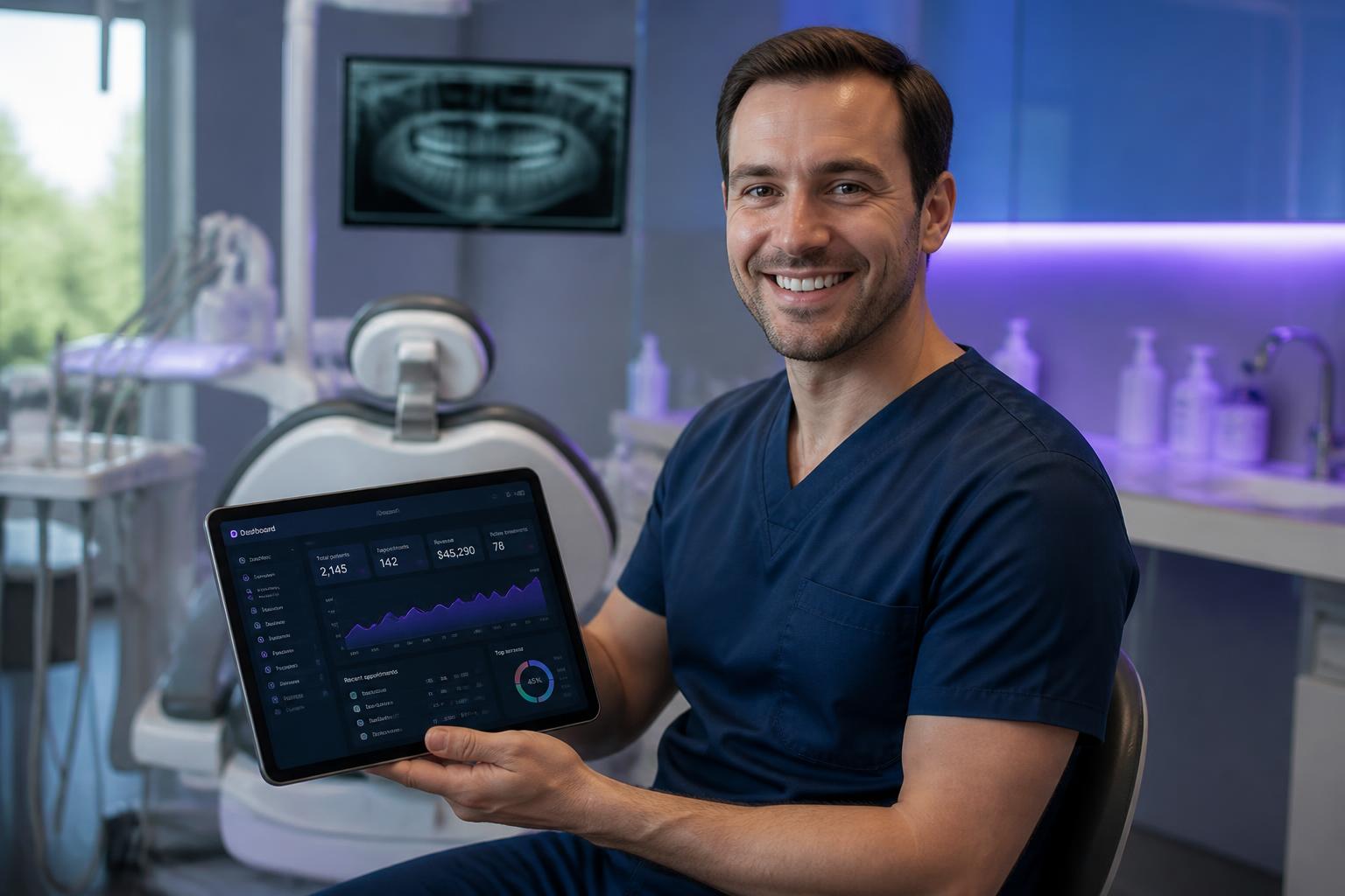 Dentista utilizando o OdontoHub em um tablet no consultório