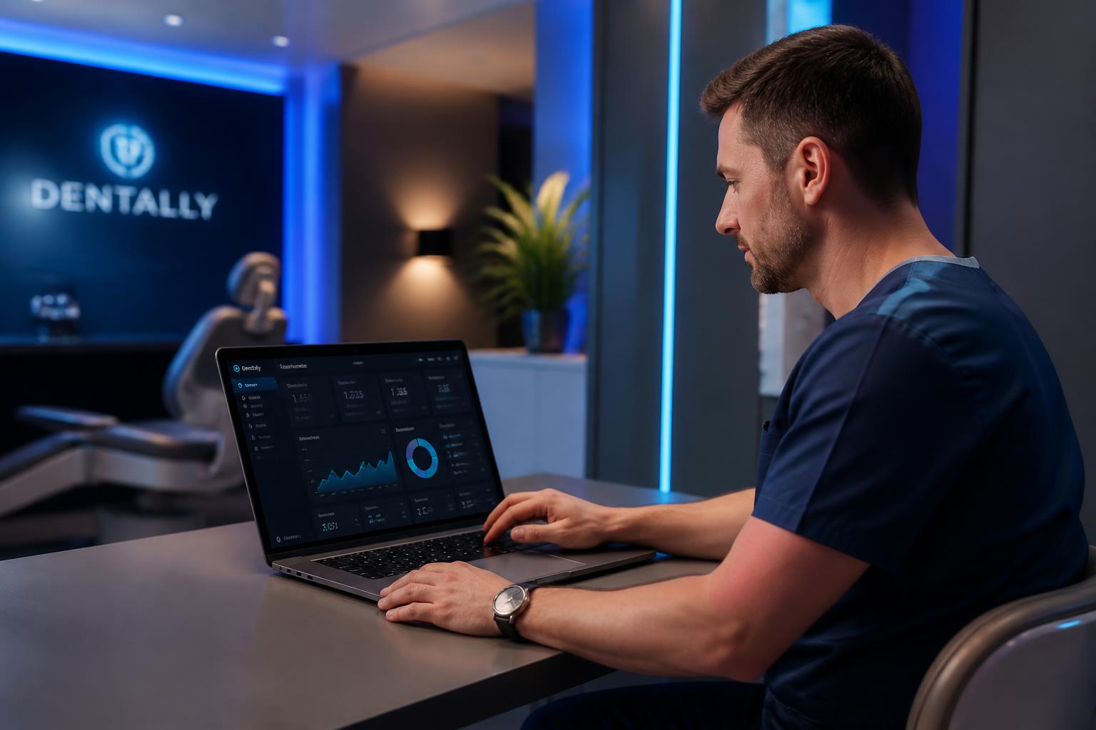 Dentista acessando o OdontoHub no notebook